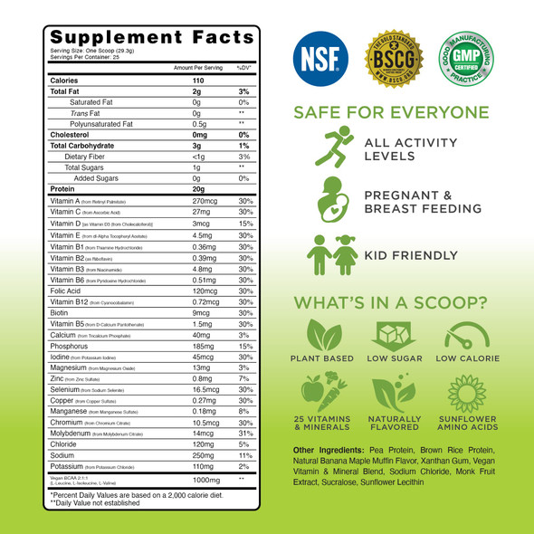 TRU Supplements Plant Based Protein Powder BCAA EAA 20g Vegan Brown Rice & Pea Protein 100 Calories 27 Vitamins No Artificial Flavors 25 Servings (Banana Maple Muffin) TRU Supplements Plant Based Protein Powder BCAA EAA 20g Vegan Brown Rice & Pea Protein 100 Calories 27 Vitamins No Artificial Flavors 25 Servings (Banana Maple Muffin)