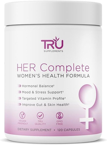 TRU Supplements HER Women’s Health Supplement Complete Formula for Daily Hormone Support Gut & Skin Health Fertility & Mood Booster PMS & Digestive Support Natural Women’s Formula - 30 Servings