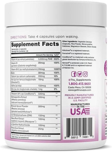 TRU Supplements HER Women’s Health Supplement Complete Formula for Daily Hormone Support Gut & Skin Health Fertility & Mood Booster PMS & Digestive Support Natural Women’s Formula - 30 Servings