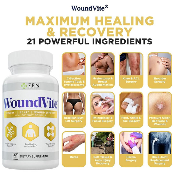 Zen Nutrients WoundVite Pre & Post Surgery Support Scar & Wound Care Scar Treatment Plastic & General Surgery Heal Faster & Aids in Recovery Time w/ Bromelain Turmeric & Arnica - 60 Vegan Caps