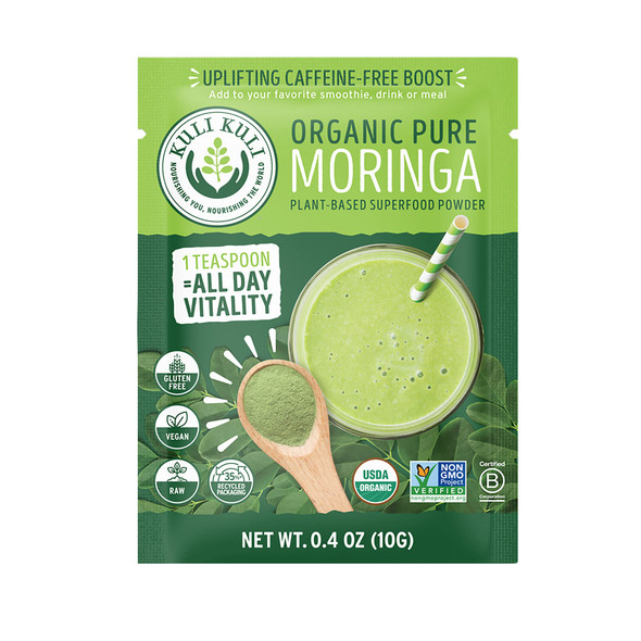 Kuli Kuli Moringa Oleifera Organic Leaf Powder & Green Smoothie 100% Pure USDA Certified & Non-GMO Moringa Powder Great with Smoothies Tea and Food 0.4 Ounce Pack of 20