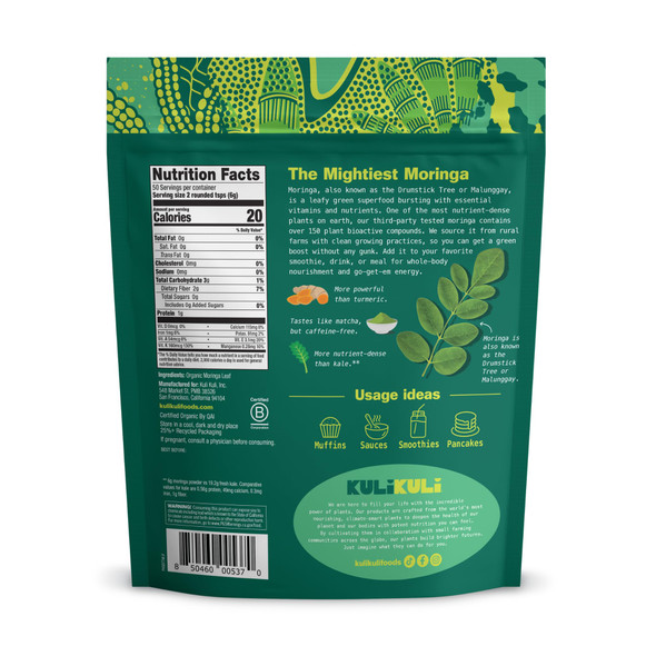 Kuli Kuli Moringa Oleifera Organic Leaf Powder & Green Smoothie 100% Pure USDA Certified & Non-GMO Moringa Powder Great with Smoothies Tea and Food - Single Pack 10.6 oz