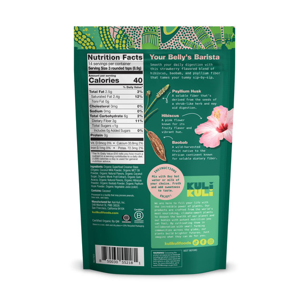 Kuli Kuli Strawberries & Crème Organic Superfood Latte - Strawberry Flavor Packed with Psyllium Husk for Digestive Support with Hibiscus and Baobab