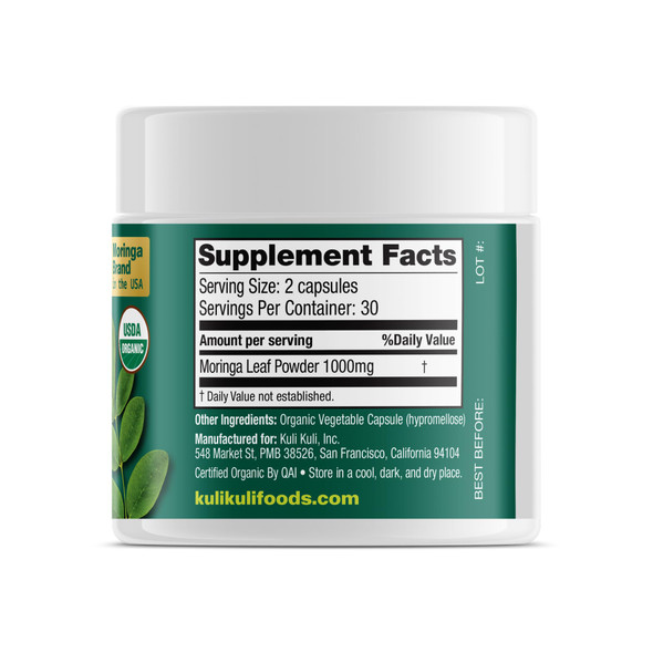 Kuli Kuli Organic Moringa Capsules [60 Count] - Premium Moringa Leaf Powder Capsules - Nutrient-Dense Superfood for Energy Vitality and Wellness