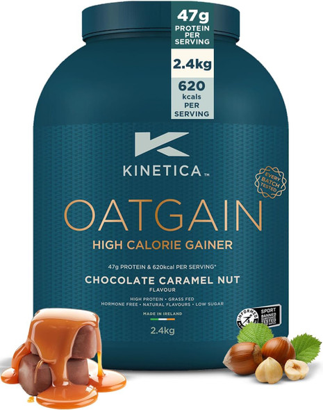 Kinetica Sports OatGain Weight Gainer  Chocolate Caramel Flavour 620 Cal 47g Protein and  78g Carbs Serve  15 Serving 2.4Kg  Optimum Grass Fed Protein Supplement  High Calorie and Easy Mixability