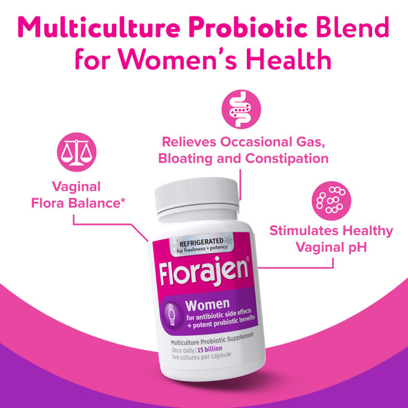 Florajen Women’s Probiotic for Vaginal Health Gut Support & Bloating Relief - Constipation Aid for Adults - Refrigerated for Freshness & Potency
