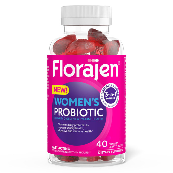 Florajen Women's Probiotic Gummies - Triple-Action Prebiotic + Probiotic + Cranberry for Digestive, Urinary, & Immune Support - Fast-Acting - Vegan & Gluten-Free - 40-Count