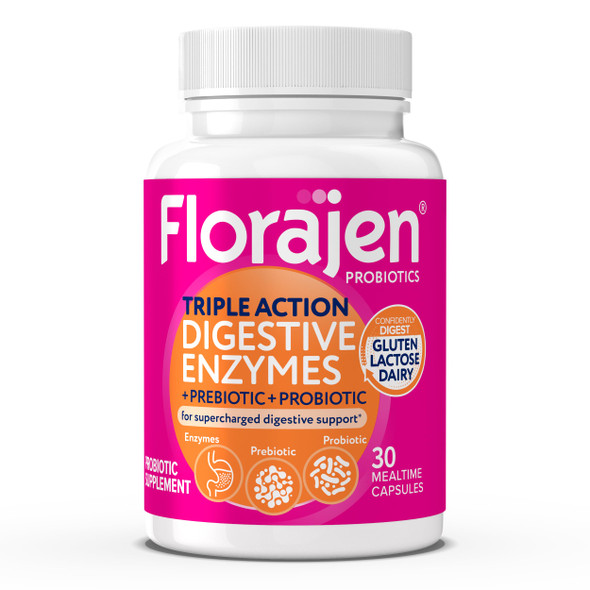 Florajen Digestive Enzymes with Probiotics & Prebiotics - Triple-Action Formula for Gut Health Bloating, & Gas Relief - Supports Gluten & Dairy Digestion - Clean Non-GMO - 30-Count