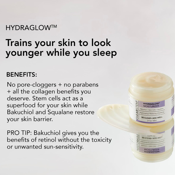 CLEARSTEM - HYDRAGLOW Stem Cell Moisturizer - Bakuchiol + Squalene - Youthful Skin Face Moisturizer - All Skin Types - Facial Skin Care Products - Gluten Free Cruelty Free - 2 fl oz / 60ml