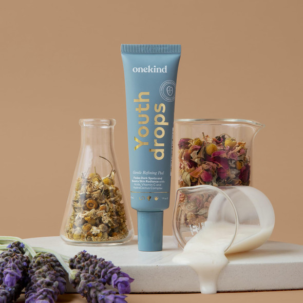 Onekind Youthdrops Night AHA BHA Gentle Resurfacing Pore Refining and Fine Lines 20% Exfoliating Serum Peel with Vitamin C Glycolic Acid Salicylic Acid Malic Acid and Hyaluronic Acid