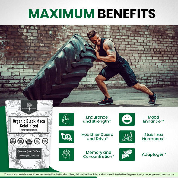 Nourishing Nutrients Organic Gelatinized Black Maca – 3X Stronger 200 Capsules for Men & Women Natural Energy Supplement for Focus Performance Stamina & Endurance, Mood Enhancement and Stability, Mental Clarity 1000mg