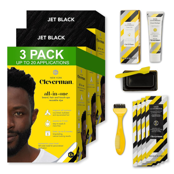 3X2 Cleverman Jet Black Hair & Beard Dye For Black Men. All-In-One Reusable Kit - For Natural-Looking Results. Professional-Quality Color For Beard & Mustache. Ammonia-