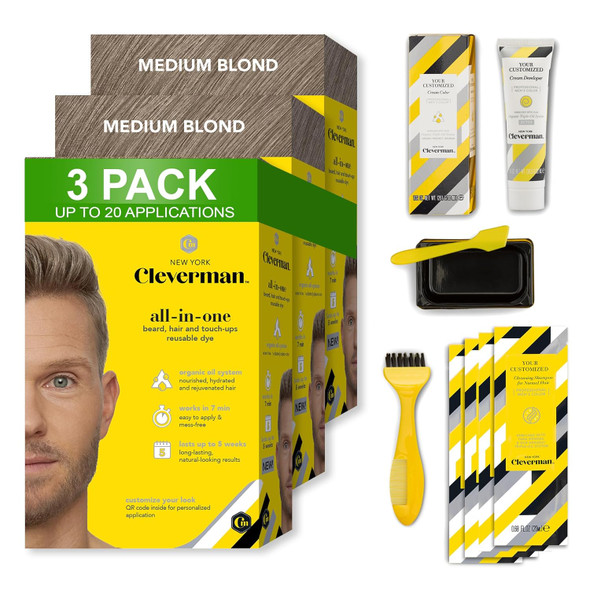 3X2 Pack Cleverman Medium Blond Hair & Beard Dye For Men All-In-One Reusable Kit - Mens Color For Natural-Looking Gray Coverage Professional-Quality And Ammonia- For Hair Beard & Gray Mustache