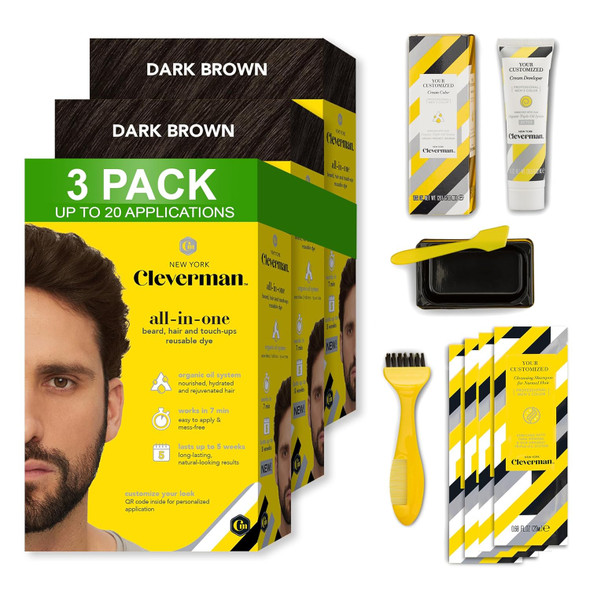 3X2 Pack Cleverman Dark Brown Hair & Beard Dye For Men All-In-One Reusable Kit - Mens Color For Natural-Looking Gray Coverage Professional-Quality And Ammonia- For Hair Beard & Gray Mustache