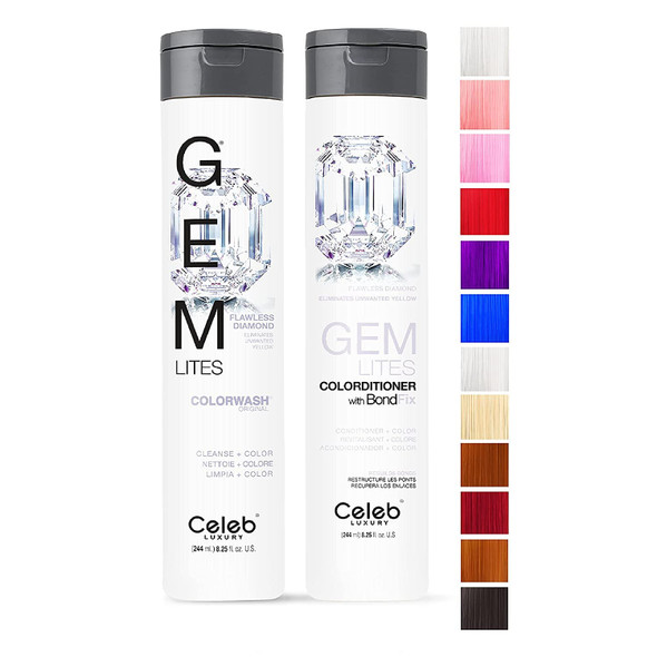 Celeb Luxury Gem Lites Duo Color Depositing Colorwash Shampoo & Conditioner Set + Bondfix Bond Rebuilder Semi Permanent Hair Color Vegan Hair Dye Flawless Diamond