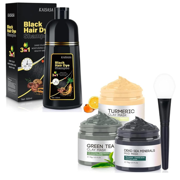 Kaisasa Black Hair Dye Shampoo 3 In 1 And Vc Clay Face Mask Bundle