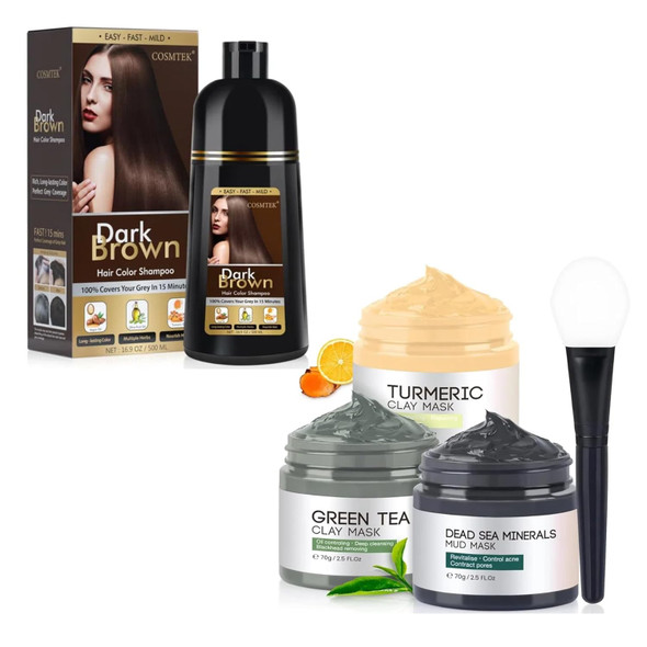 Tek Dark Brown Hair Dye Shampoo 3 In 1 And Vc Clay Face Mask Bundle