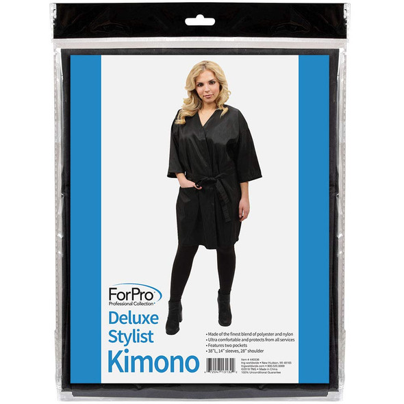 Forpro Deluxe Stylist Kimono Black Ultra-Comfortable With Two Pockets 38” L 14” Sleeves 28” Shoulder