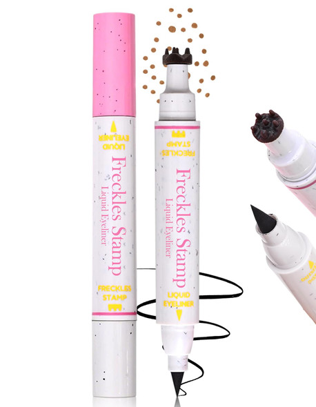 Erinde Waterproof Freckle Stamp Pen Dual Ended Fake Freckle & Black Liquid Eyeliner Long Lasting Quick Dry Faux Freckles Stamp Freck Pen For Natural Sunkissed Makeup 03 Dark