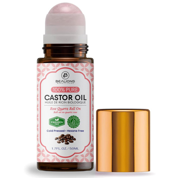 Roll-On Castor Oil For Face: Rose-Quartz Rollerball For Skin Dryness Care - 100% Pure Cold Pressed Hexane  Essential Oil For Middle-Aged Women’S Night Routine 30Ml