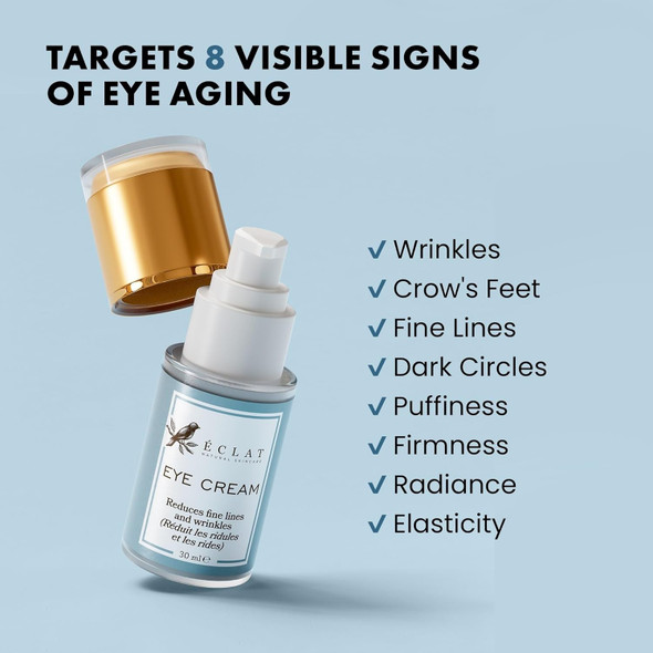 Eclat Skincare Under Eye Cream For Dark Circles & Puffiness – Anti Aging Formula For Wrinkles - Moisturizer For Fine Lines Crows Feet & Eye Bags – Hydrating Treatment For Firming & Smoothing - 30Ml