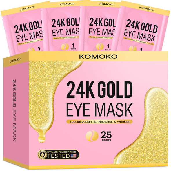 Komoko 25-Pairs 24K Gold Under Eye Patches Skin Care Golden Under Eye Mask Anti-Aging Collagen & Amino Acid Eye Mask For Removing Dark Circles Puffiness And Wrinkles Refresh Your Under Eye Skin