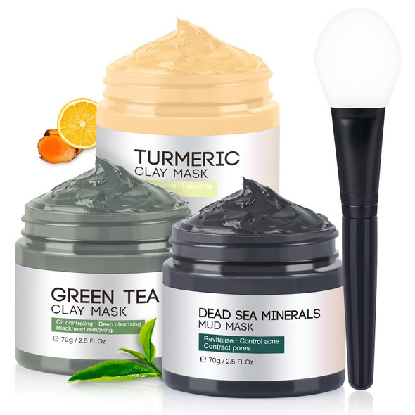 Kaisasa 3Pcs Clay Face Mask Skincare - Facial Skin Care Mask For Deep Pore Cleansing Turmeric Dead Sea Mud Green Tea Purifying And Hydrating - Reduce Acne Blackheads For Women And Men 2.5 Oz Each