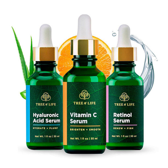 Tree Of Life Beauty Facial Skin Care Set Brightening Firming Hydrating Dry Face Dermatologist Tested - Trio Power Kit Vitamin C Retinol And Hyaluronic Acid 3 Count Of 1 Fl Oz