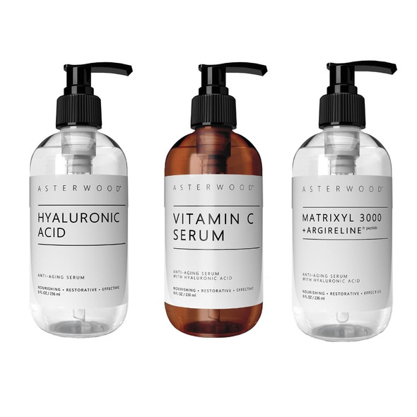 Asterwood Hyaluronic Acid Serum 8 Oz + Vitamin C 8 Oz + Matrixyl 3000 With Argireline Serum 8 Oz