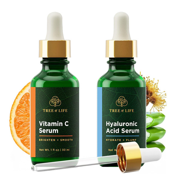 Tree Of Life Beauty Facial Skin Care Set Brightening Firming Hydrating Dry Face Dermatologist Tested - Vitamin C And Hyaluronic Acid Facial Serum - Skin Care Kit 2 Count Of 1 Fl Oz