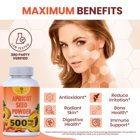 Nourishing Nutrients Organic Apricot Seeds Extract - ONLY Kernel supplement- Safe dosage 500mg - Antioxidant Gut & Heart Health Bone Density  Immune Support Radiant and Smooth Skin High Fiber - 500mg - 120 capsules