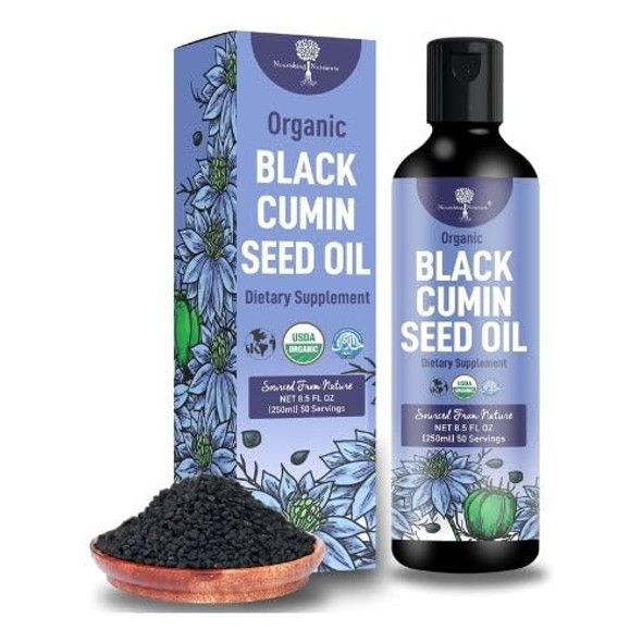 Nourishing Nutrients Organic Black Cumin Seed Oil-USDA-Cold Pressed –up to 6X Stronger Thymoquinone- Pure Nigella Sativa Cumin Seeds - Premium Supplement for Immune Support Antioxidant Calming Skin & Hair (8.5 oz)