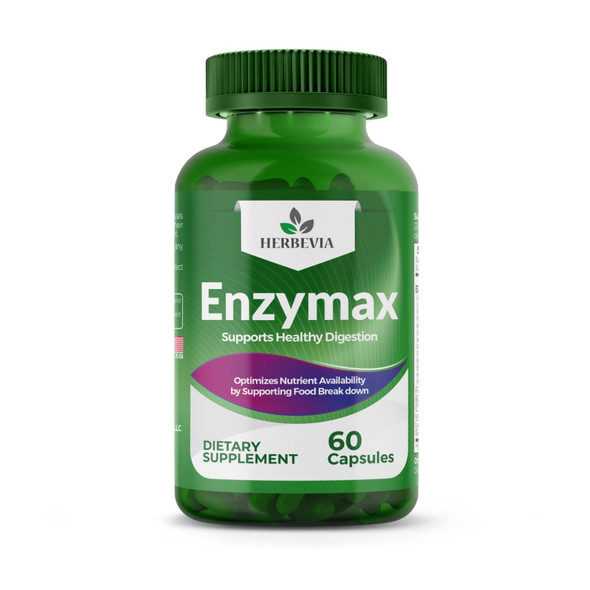 Herbevia Enzymax – Digestive Enzymes with BioPerine® Probiotics Prebiotics & Lactase – Non-GMO Sugar-Free – Gut Health Supplement for Men & Women – Halal Certified – 60 Capsules