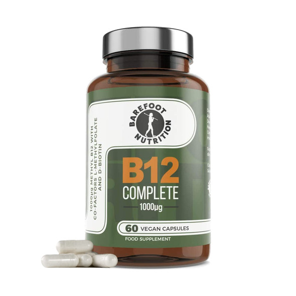 Barefoot Nutrition - B12 Complete High Strength Supplement Methylated B 12 (1000µg) - with Cofactors Methyl folate (400µg) & D-Biotin (400µg) - 60 x 1 A Day Vegan-Friendly Capsules
