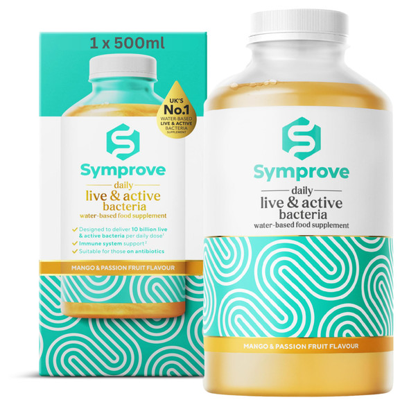 Symprove Daily Probiotic Drink - Mango & Passion Fruit 10 Billion CFUs  4 Clinically Studied Strains Gut & Immune Support Water-Based Vegan Dairy & Gluten Free (Pack of 1 x 500ml)