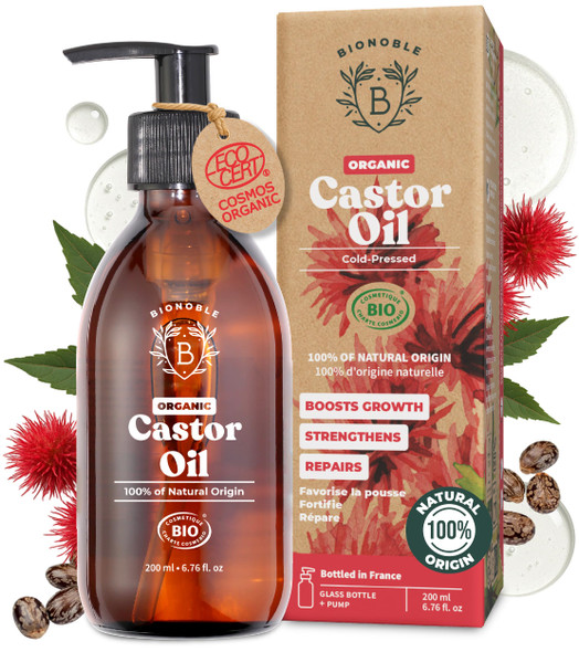 BIONOBLE Castor Oil Organic and Cold Pressed - Glass Bottle and Pump - Vegan and Hexane Free Organic Castor Oil - Hair Growth Oil Lash Serum Beard Oil - 200ml