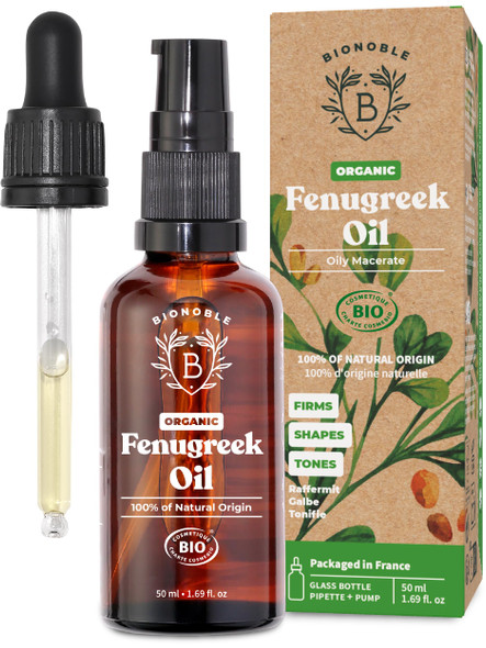 Bionoble Organic Fenugreek Oil 50ml - Oily Macerate made with Sunflower Oil - 100% Pure and Natural - Body Chest Buttocks Hair - Vegan Cruelty Free - Glass Bottle + Pipette + Pump