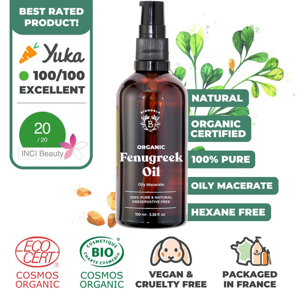 Bionoble Organic Fenugreek Oil 100ml - Oily Macerate made with Sunflower Oil - 100% Pure Natural - Body Chest Buttocks Hair - Vegan Cruelty Free - Glass Bottle + Pipette + Pump