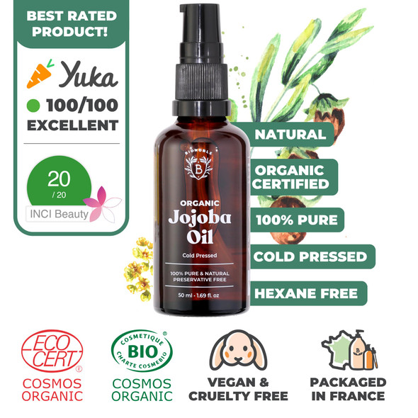 Bionoble Organic Jojoba Oil 50ml - 100% Pure Natural and Cold Pressed - Face Body Hair Beard Nails - Vegan and Cruelty Free - Glass Bottle + Pipette + Pump