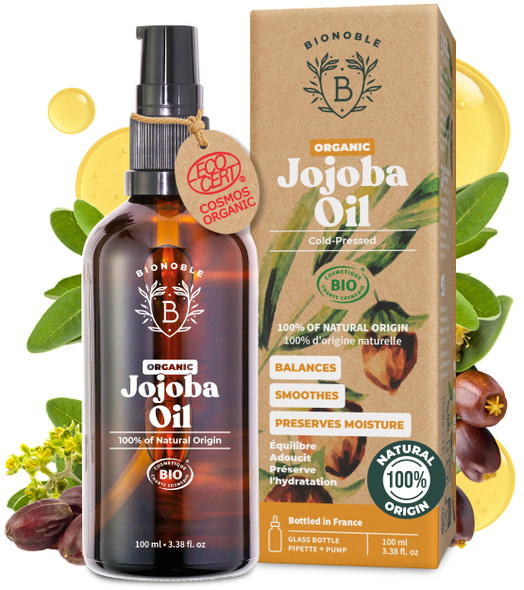 Bionoble Organic Jojoba Oil 100ml - 100% Pure Natural and Cold Pressed - Face Body Hair Beard Nails - Vegan and Cruelty Free - Glass Bottle + Pipette + Pump
