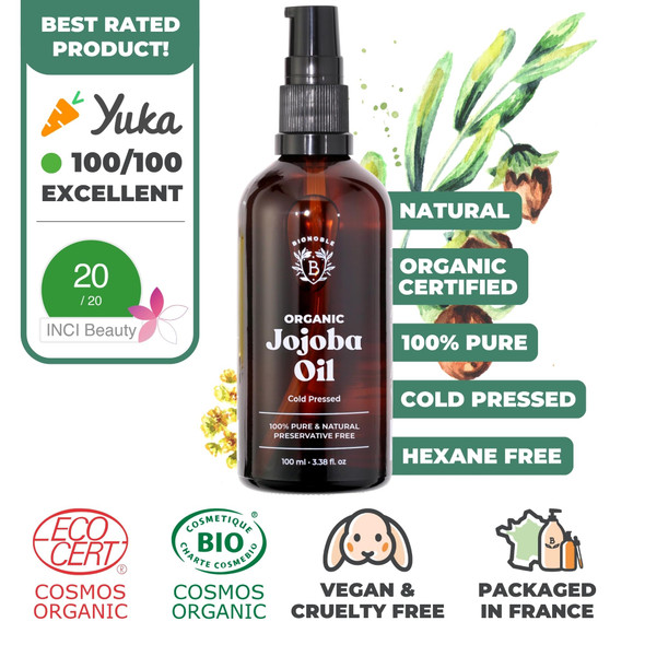 Bionoble Organic Jojoba Oil 100ml - 100% Pure Natural and Cold Pressed - Face Body Hair Beard Nails - Vegan and Cruelty Free - Glass Bottle + Pipette + Pump