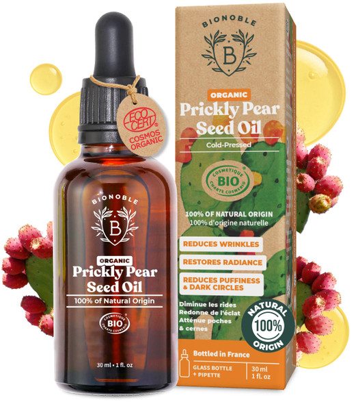 Bionoble Organic Prickly Pear Seed Oil 30ml - 100% Pure Natural and Cold Pressed - Face Body Hair Beard Nails - Vegan and Cruelty Free - Glass Bottle + Pipette