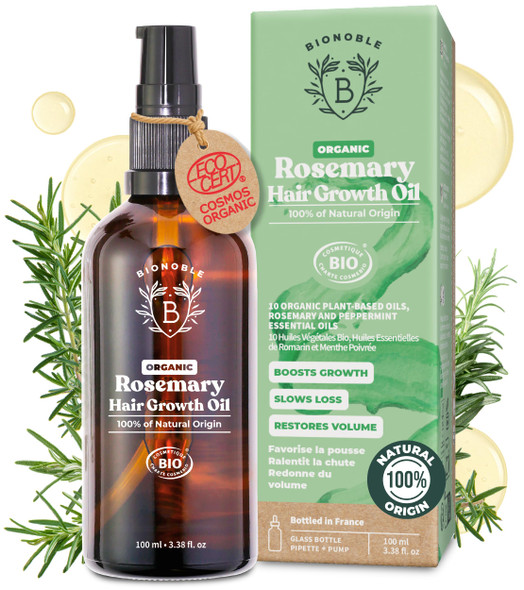 BIONOBLE Organic Rosemary Oil for Hair Growth - Slows Loss Restores Volume - Rosemary Hair Oil with Argan Jojoba & Castor Oil - 100% Natural & Vegan - Glass Bottle Dropper + Pump - 100ml