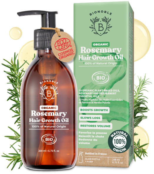 BIONOBLE Organic Rosemary Oil for Hair Growth - Slows Loss Restores Volume - Rosemary Hair Oil with Argan Jojoba & Castor Oil - 100% Natural & Vegan - Glass Bottle + Pump - 200ml