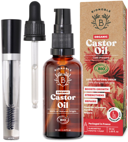 Bionoble Organic Castor Oil 50ml - 100% Pure Natural Cold Pressed - Lashes Eyebrows Body Hair Beard Nails - Vegan Cruelty Free - Glass Bottle + Pipette + Pump + Mascara Kit