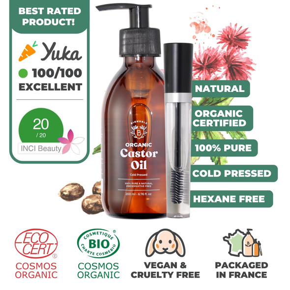 Bionoble Organic Castor Oil 200ml - 100% Pure Natural Cold Pressed - Lashes Eyebrows Body Hair Beard Nails - Vegan and Cruelty Free - Glass Bottle + Pump + Mascara Kit