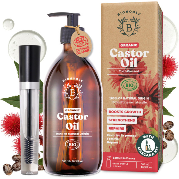 Bionoble Organic Castor Oil 500ml - 100% Pure Natural and Cold Pressed - Lashes Eyebrows Body Hair Beard Nails - Vegan Cruelty Free - Glass Bottle + Pump + Mascara Kit