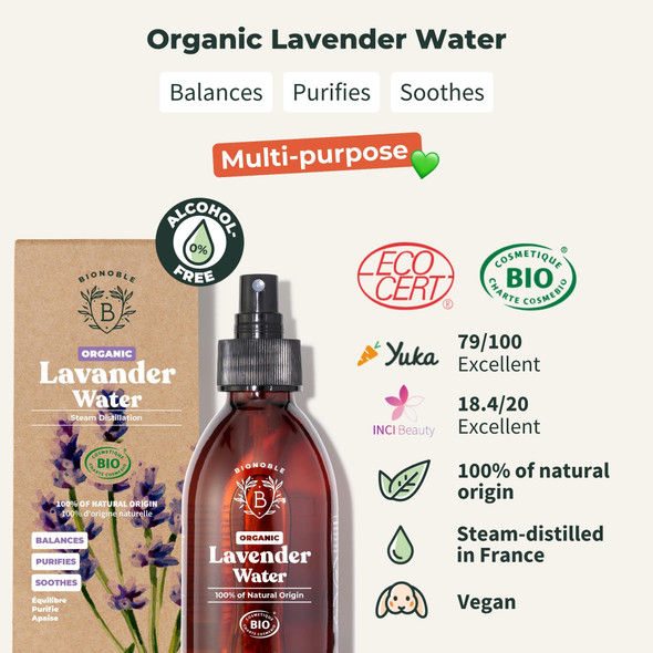 BIONOBLE Organic Lavender Water for Skin - Soothes Purifies & Balances - 100% of Natural Origin and Vegan Lavender Hydrosol for Acne-Prone Skin Body & Hair - Glass Bottle with Spray - 200ml