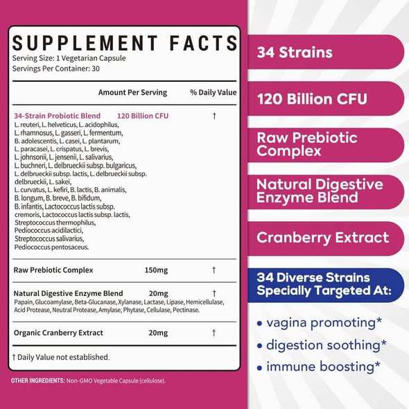 Surebounty 4-in-1 Feminine Probiotic 120 Billion CFU + 34 Strains Highest Potency for Women Prebiotics + Digestive Enzymes + Cranberry Digestive Vaginal Mood Immune & Overall Support 30 caps