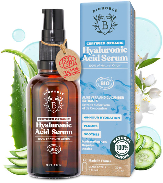 BIONOBLE Hyaluronic Acid Serum Certified Organic - Hydrating Anti Wrinkle & Anti Aging with Aloe Vera - Vegan Face Serum for Women Mature Skin & All Skin Types - Glass Bottle + Pump - 30ml